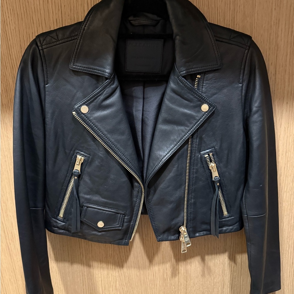 All Saints Cropped Leather Biker Jacket